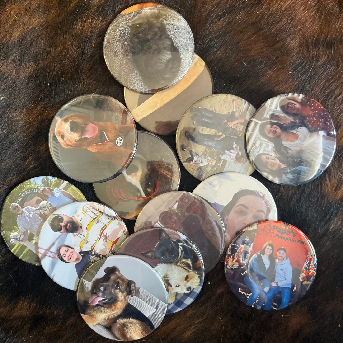 Collection of round photo magnets on a cow hide surface