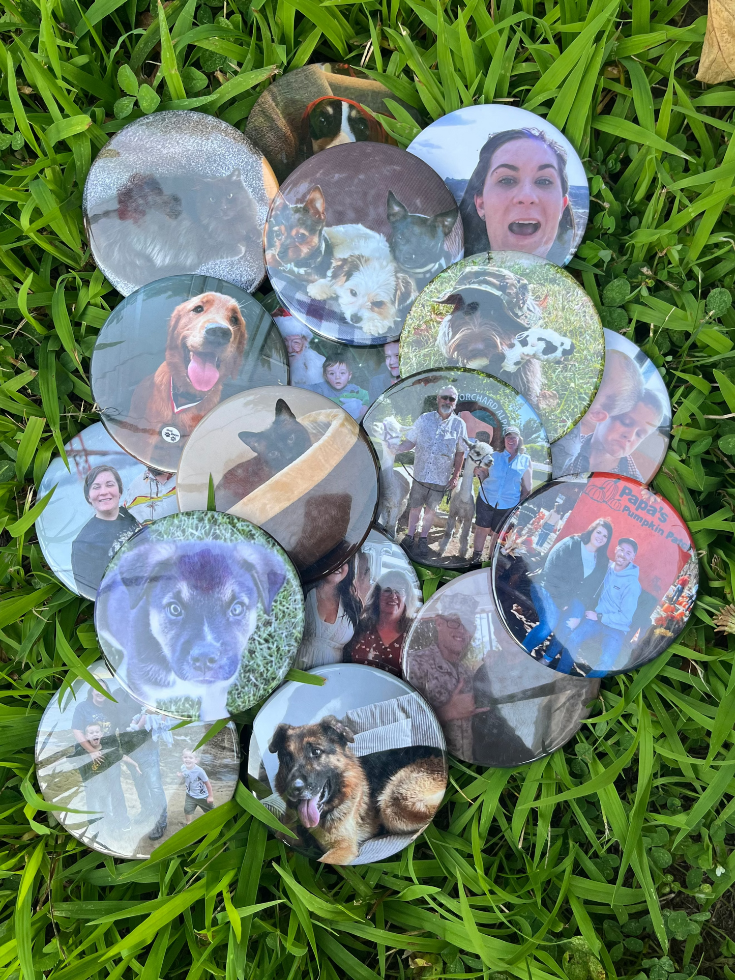 Collection of round buttons with various images on a grassy background