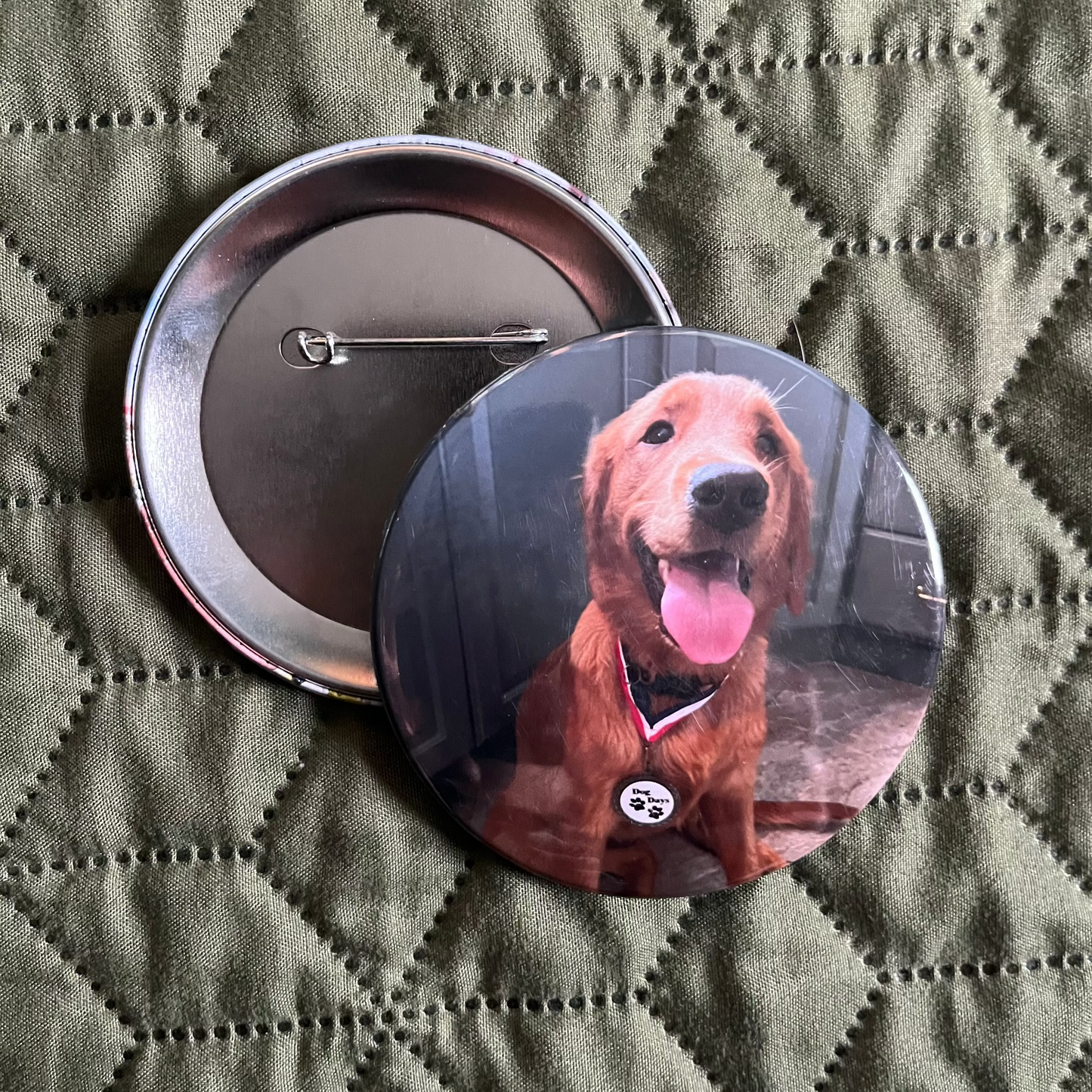 Round button badge with a dog's face on a quilted green fabric background