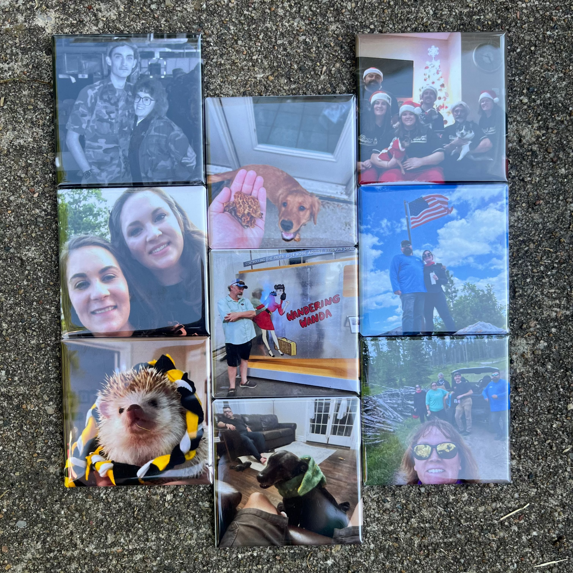 Collection of 9 small photographs arranged on a textured surface